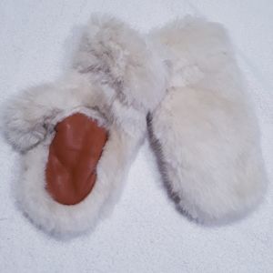 Faux Fur Mittens White and Carmel Brown Palms are Sheep Skin Size OS